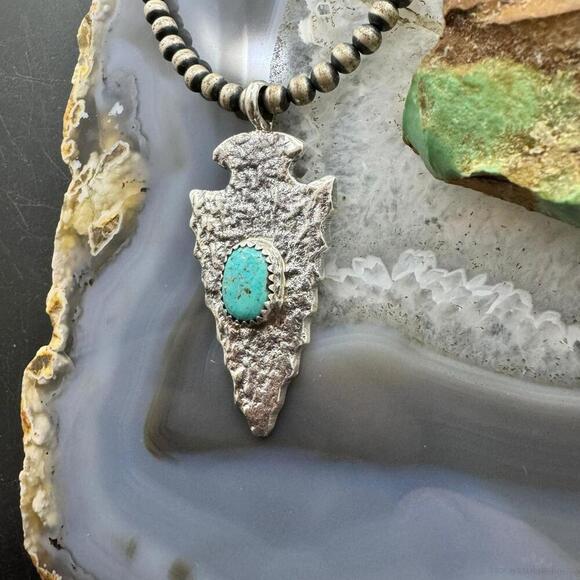 Gary Custer Navajo Sterling Silver Tufa Cast Turquoise Arrowhead Uni Pendant #2 - Picture 6 of 10